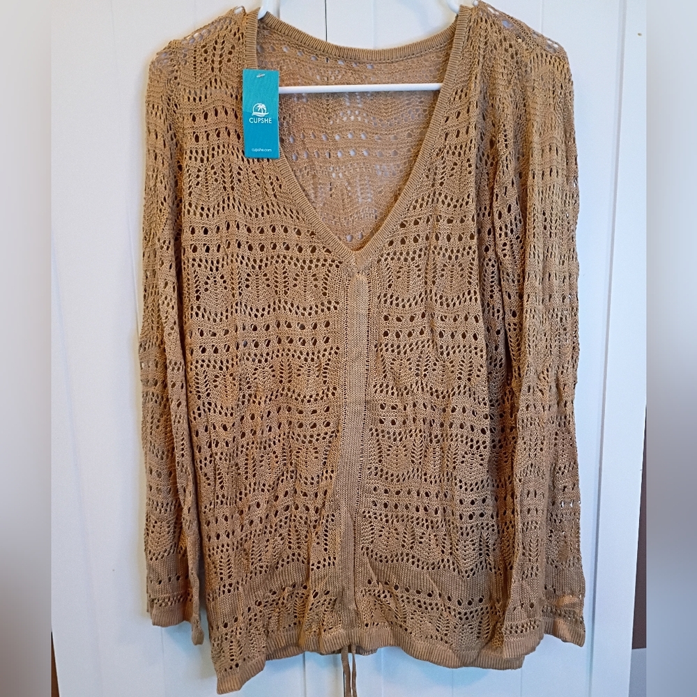 Cupshe Tan Crochet V-Neck Knit Sweater